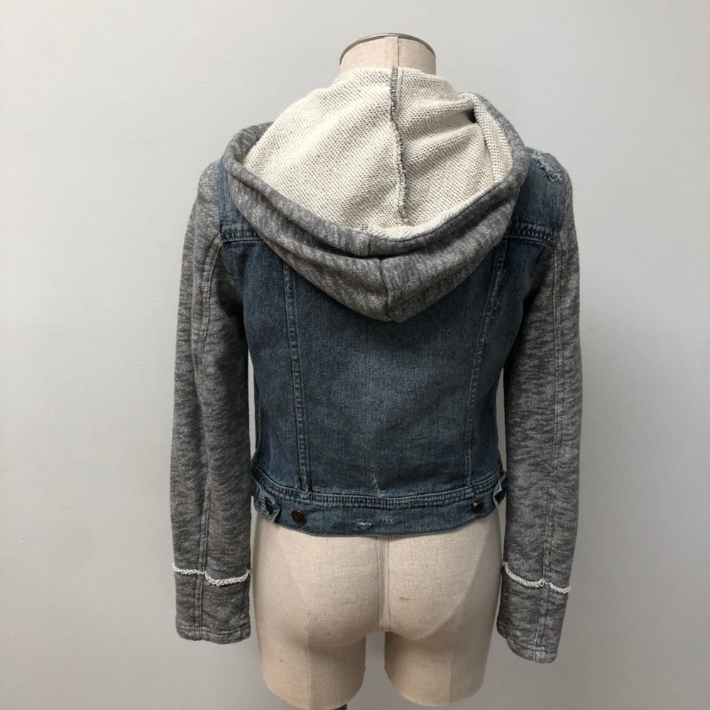 Free People Denim Jacket Womens Small Blue Grey Hooded Mixed Media Distressed - Picture 7 of 11